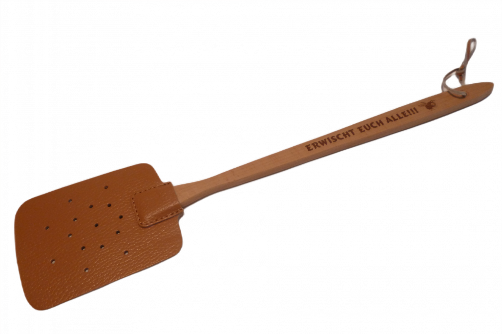 Fliegenklatsche aus Leder, verschiedene Sprüche Fliegenklatsche aus Leder, verschiedene Sprüche