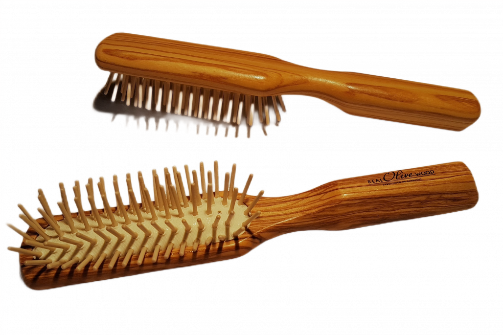 Haarbürste mit Holzstiften und Olivenholzgriff, schmal